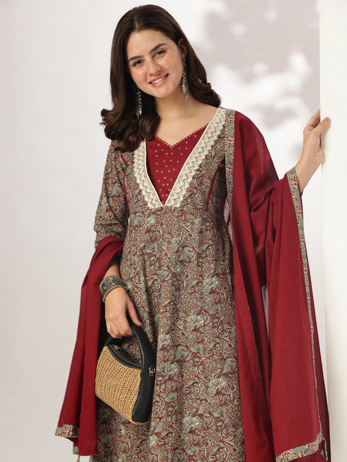 Sage Green Pure Cotton Floral Printed Anarkali Kurta Set